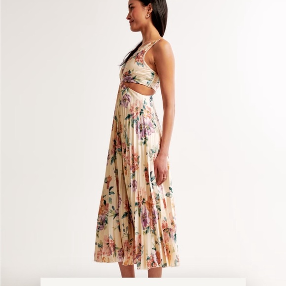 Abercrombie Fitch A&F Satin Giselle Pleated Cutout Maxi Midi Dress cream floral - Picture 7 of 13